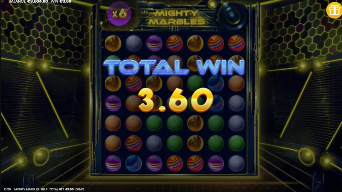Mighty Marbles slot machine interface na may neon cosmic theme
